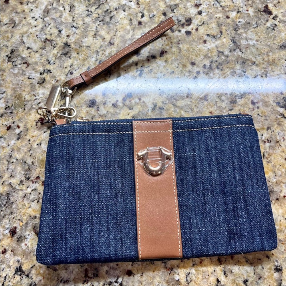 True Religion Denim Wristlet Clutch with Tan Leather Accent